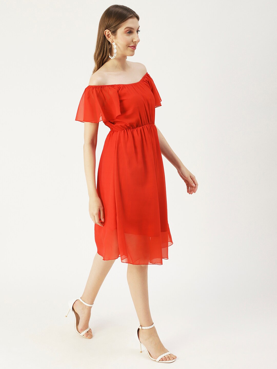 

Moomaya Off-Shoulder Flared Sleeves Fit & Flare Dress, Red