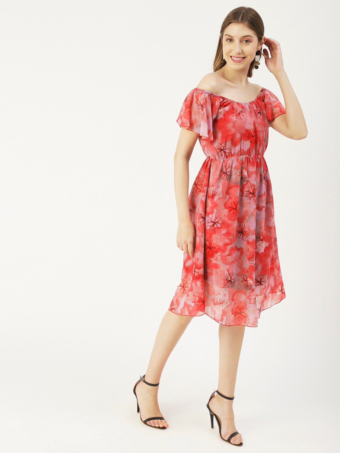 

Moomaya Floral Printed Off-Shoulder Fit & Flare Dress, Red