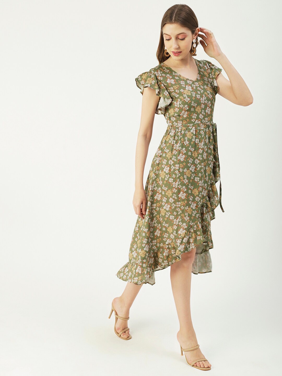

Moomaya Floral Printed Flutter Sleeves Ruffled Fit & Flare Dress, Green