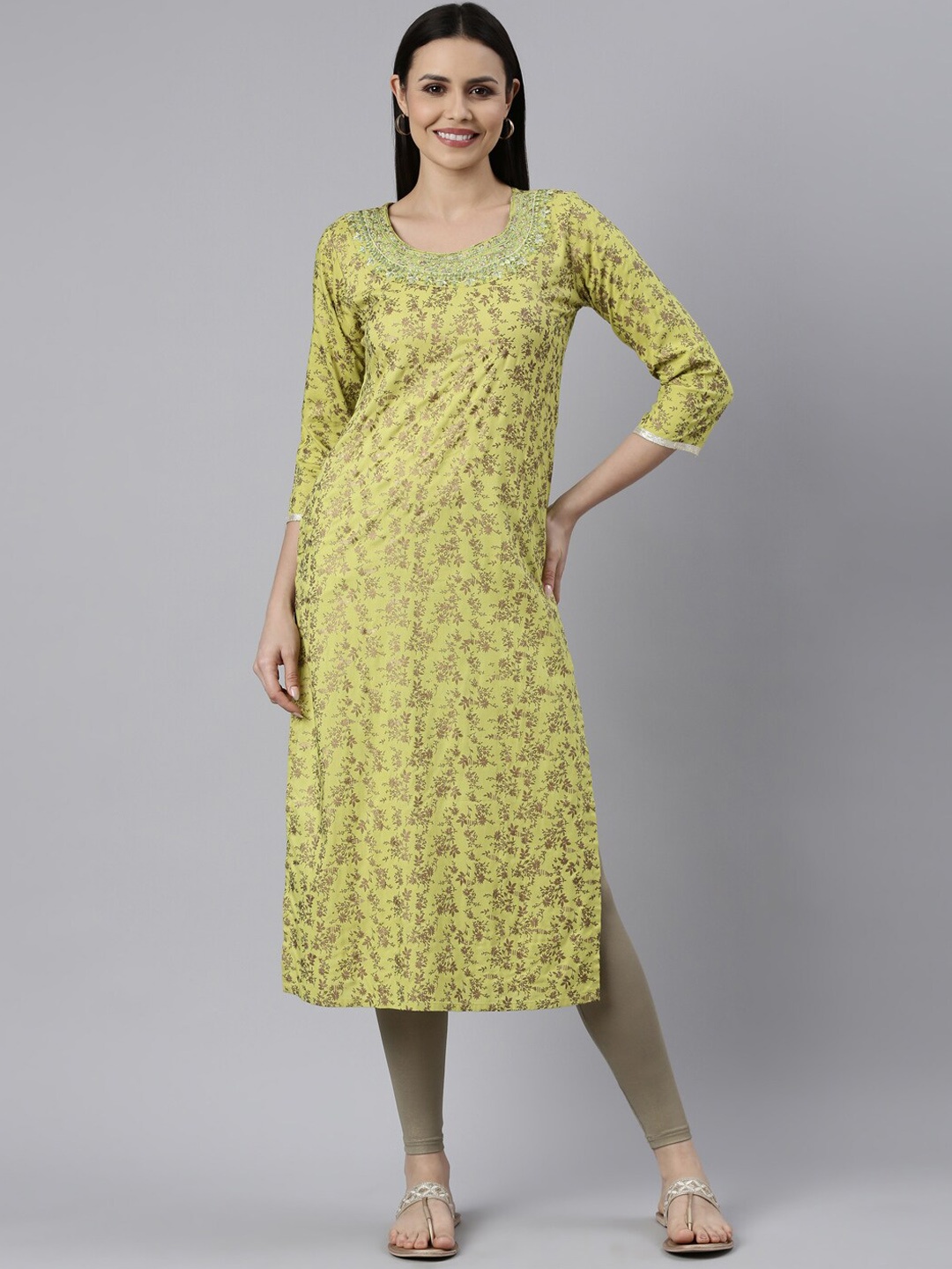 

Souchii Ethnic Motifs Printed Liva Kurta, Green