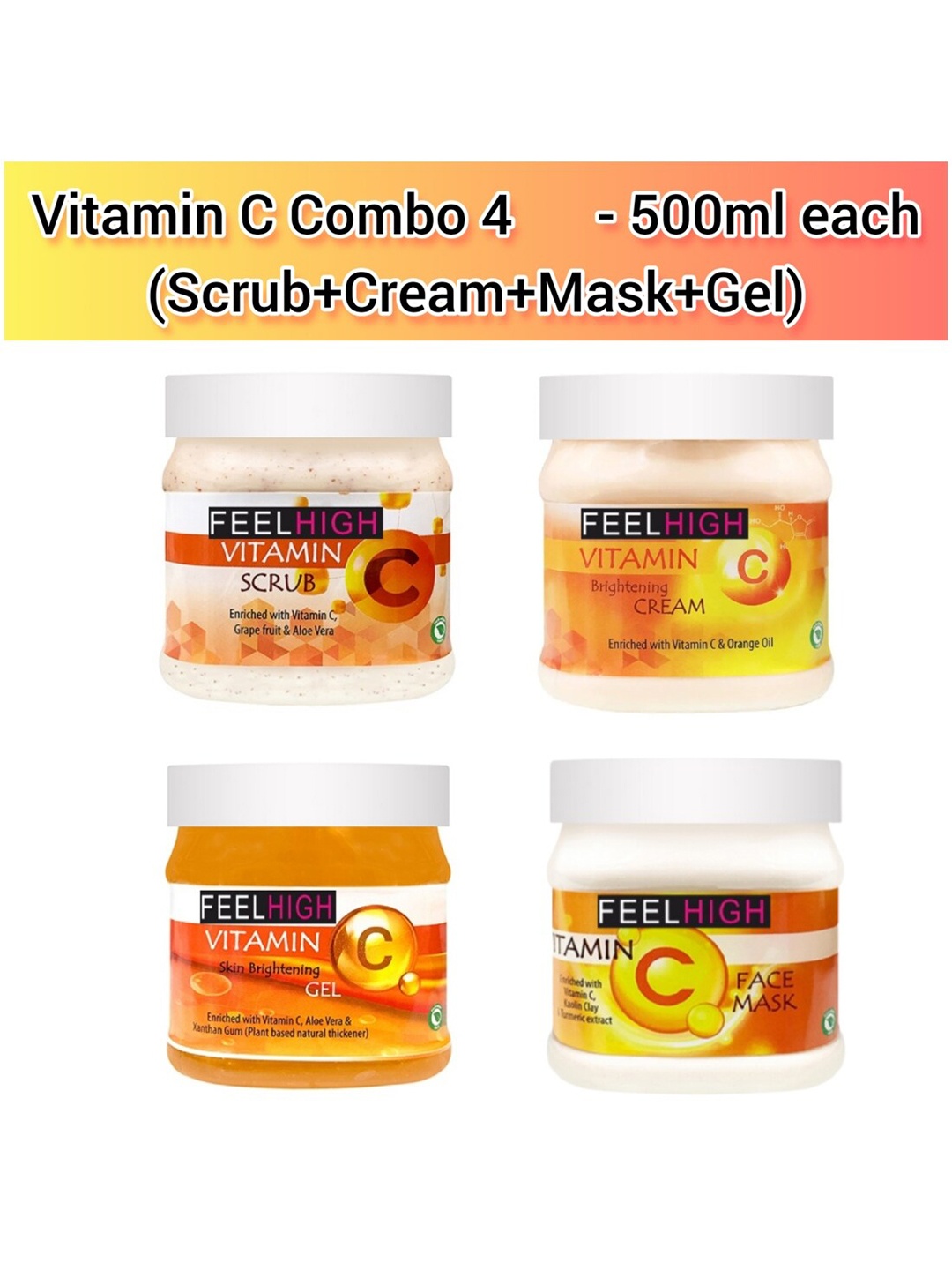 

FEELHIGH Set Of 4 Vitamin C Face Cream- Mask - Gel & Scrub 500ml Each, Orange