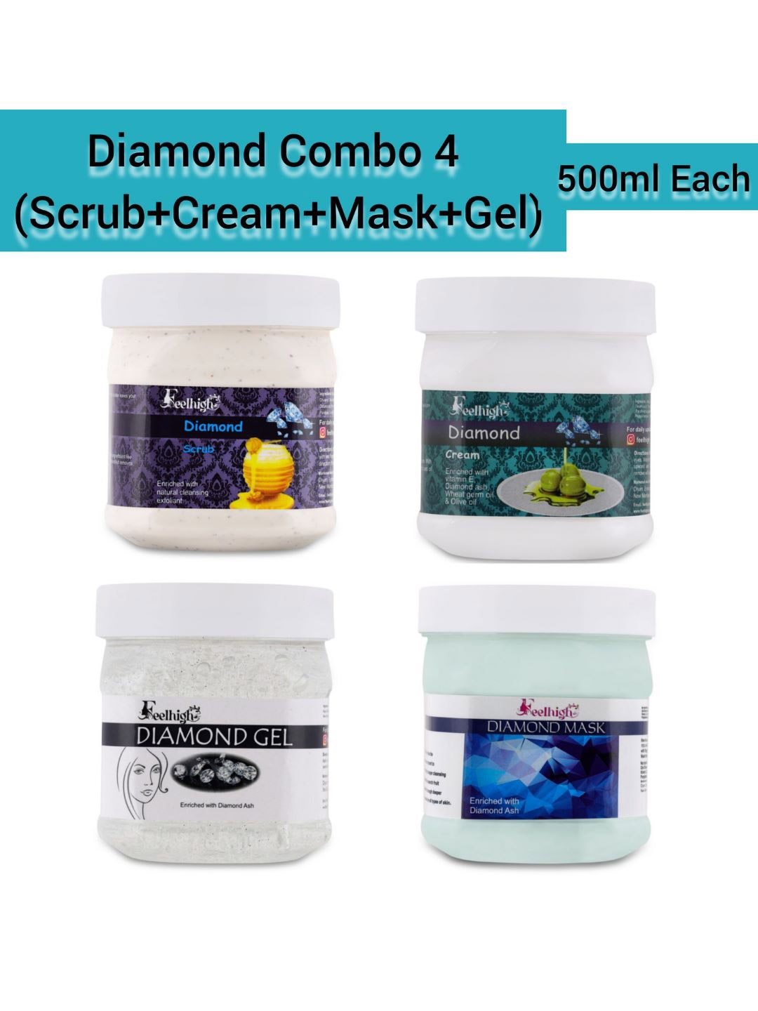 

FEELHIGH Set Of 4 Diamond Face Cream- Mask - Gel & Scrub 500ml Each, Blue