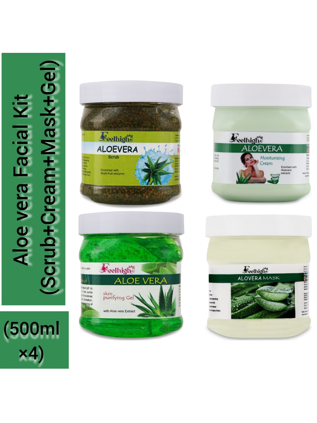 

FEELHIGH Set Of 4 Aloevera Face Cream- Mask - Gel & Scrub 500ml Each, Green