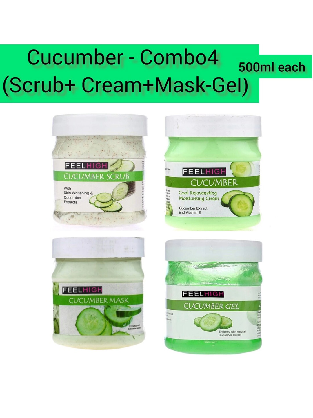 

FEELHIGH Set Of 4 Cucumber Face Cream- Mask - Gel & Scrub 500ml Each, Green