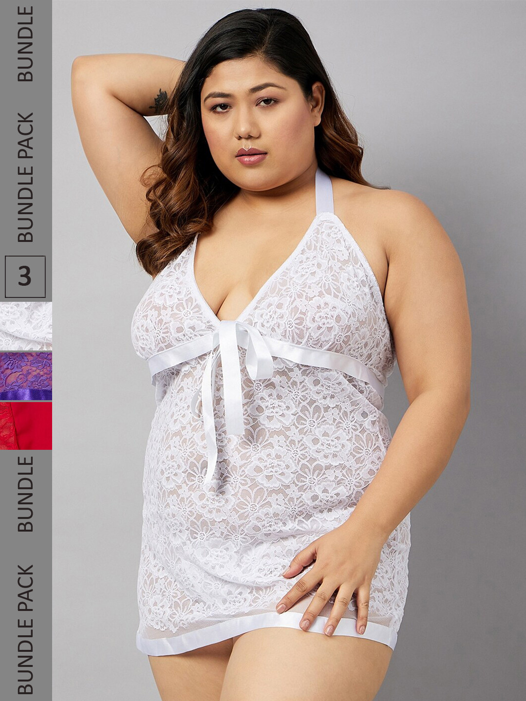 

Curves By ZeroKaata Plus Size Pack Of 3 Halter Neck Baby Doll, Red