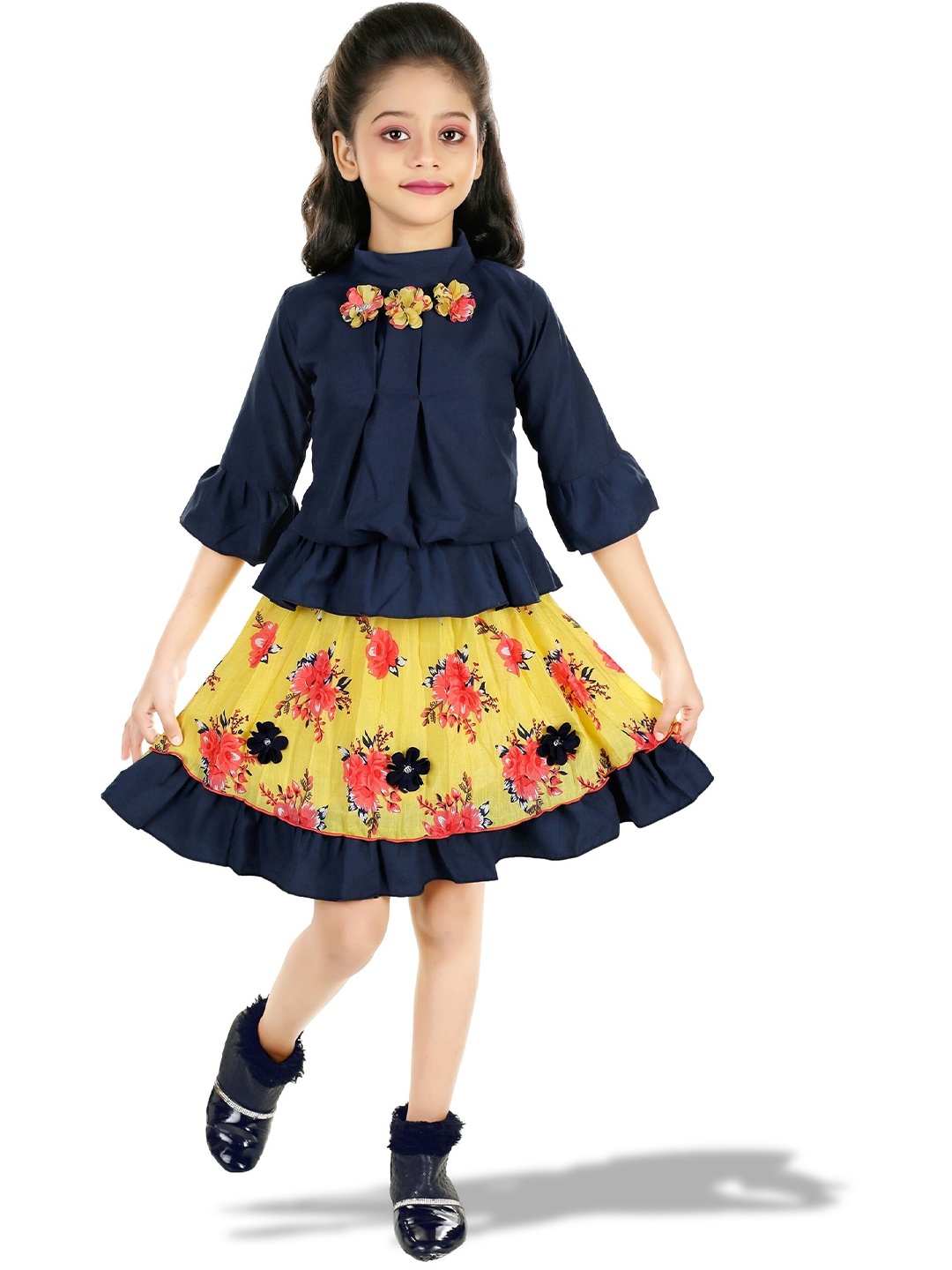 

CELEBRITY CLUB Girls Floral Top with Skirt, Navy blue