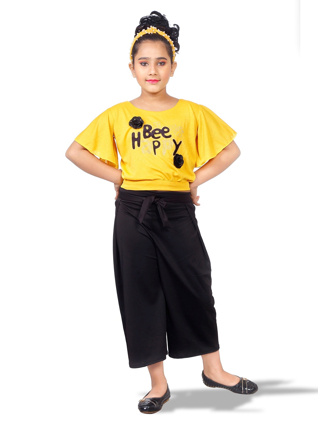 

CELEBRITY CLUB Girls Printed Top with Palazzos, Yellow