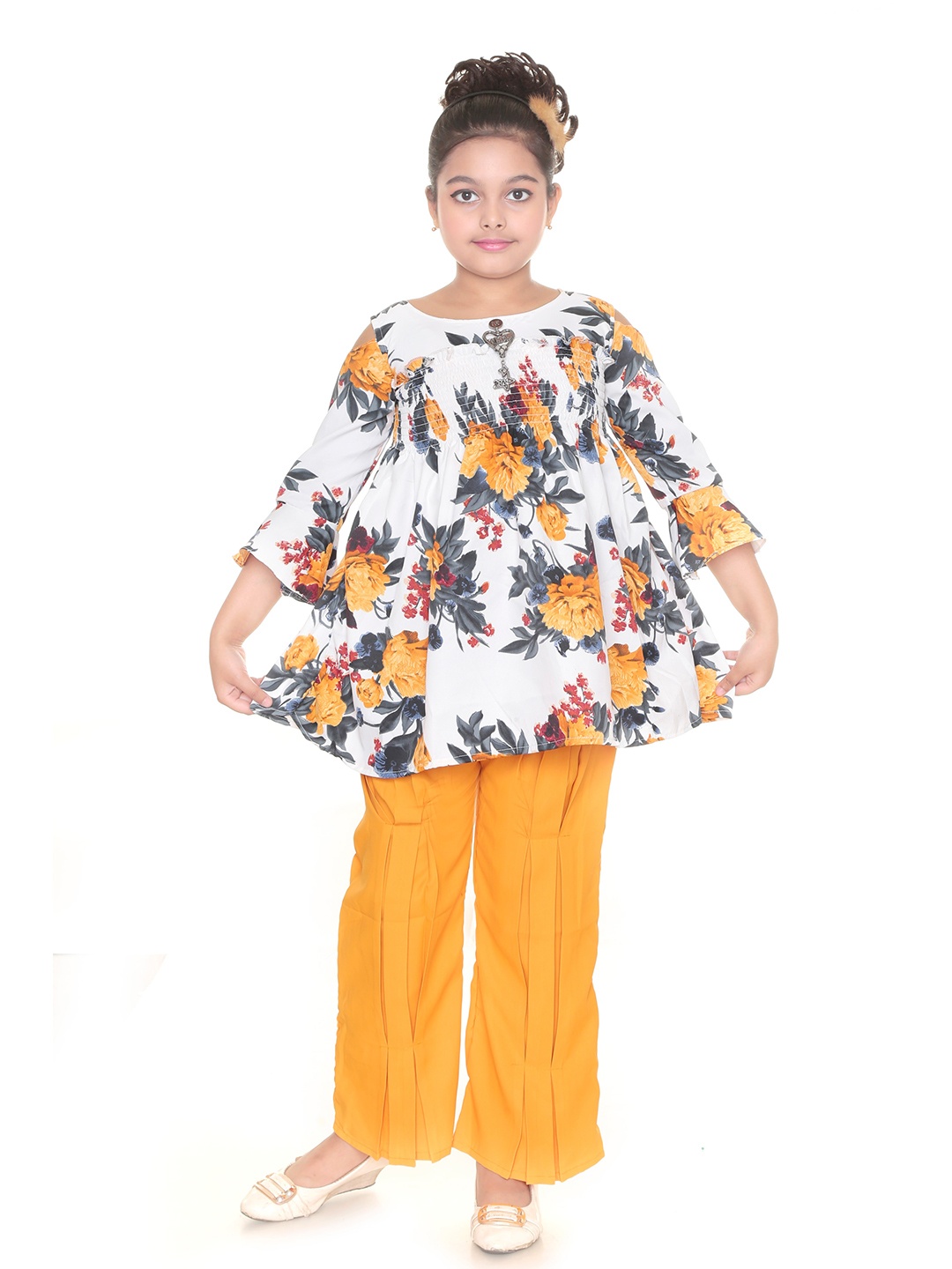 

CELEBRITY CLUB Girls Floral Printed Top with Palazzos, Yellow