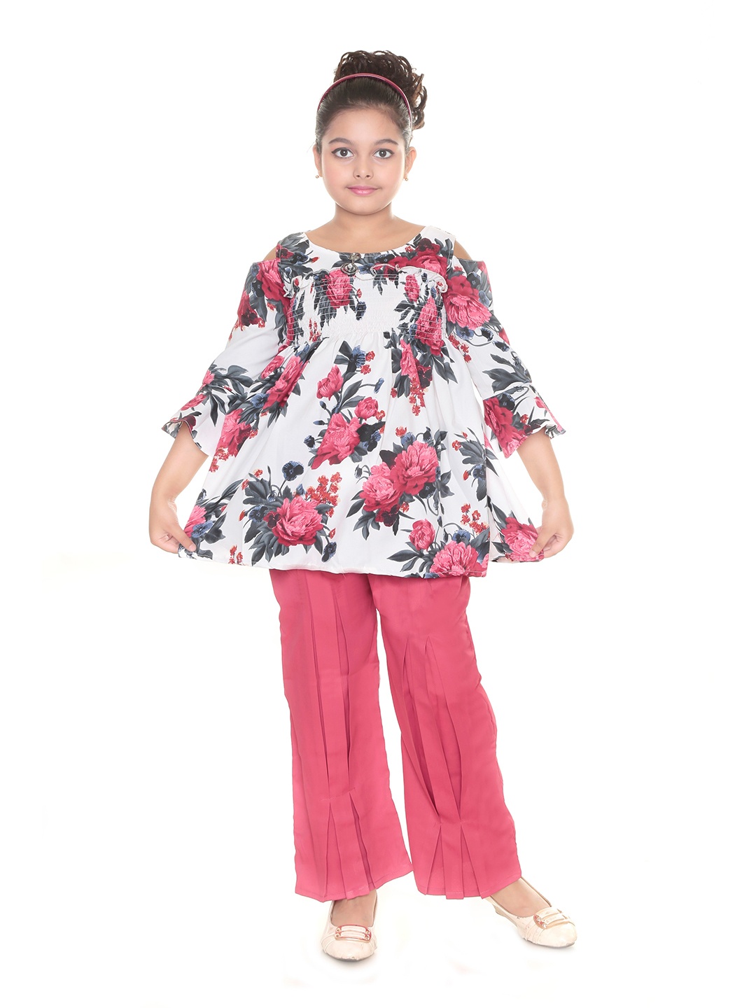 

CELEBRITY CLUB Girls Floral Printed Top with Palazzos, Pink