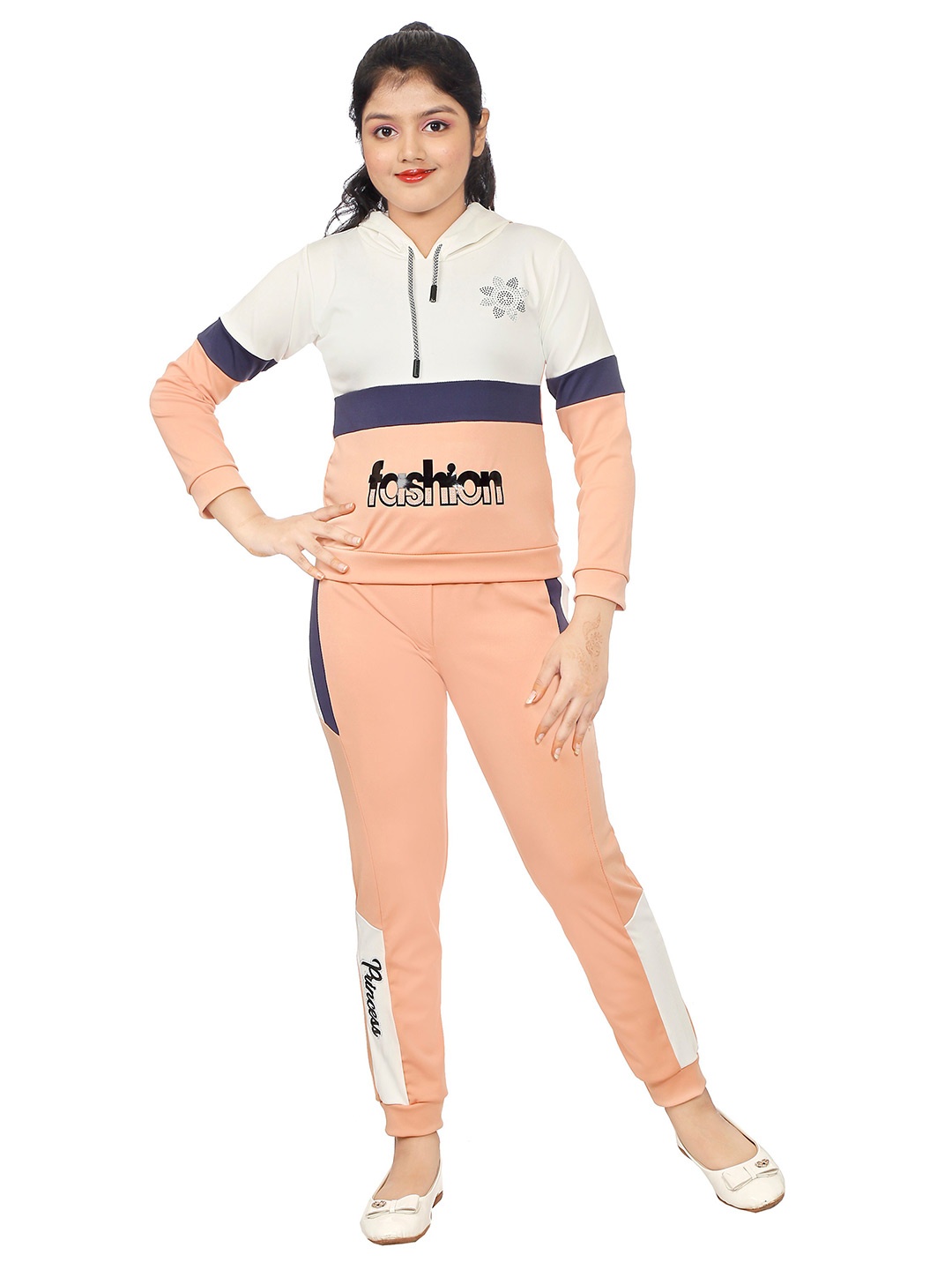 

CELEBRITY CLUB Girls Colourblocked Top with Trousers, Peach