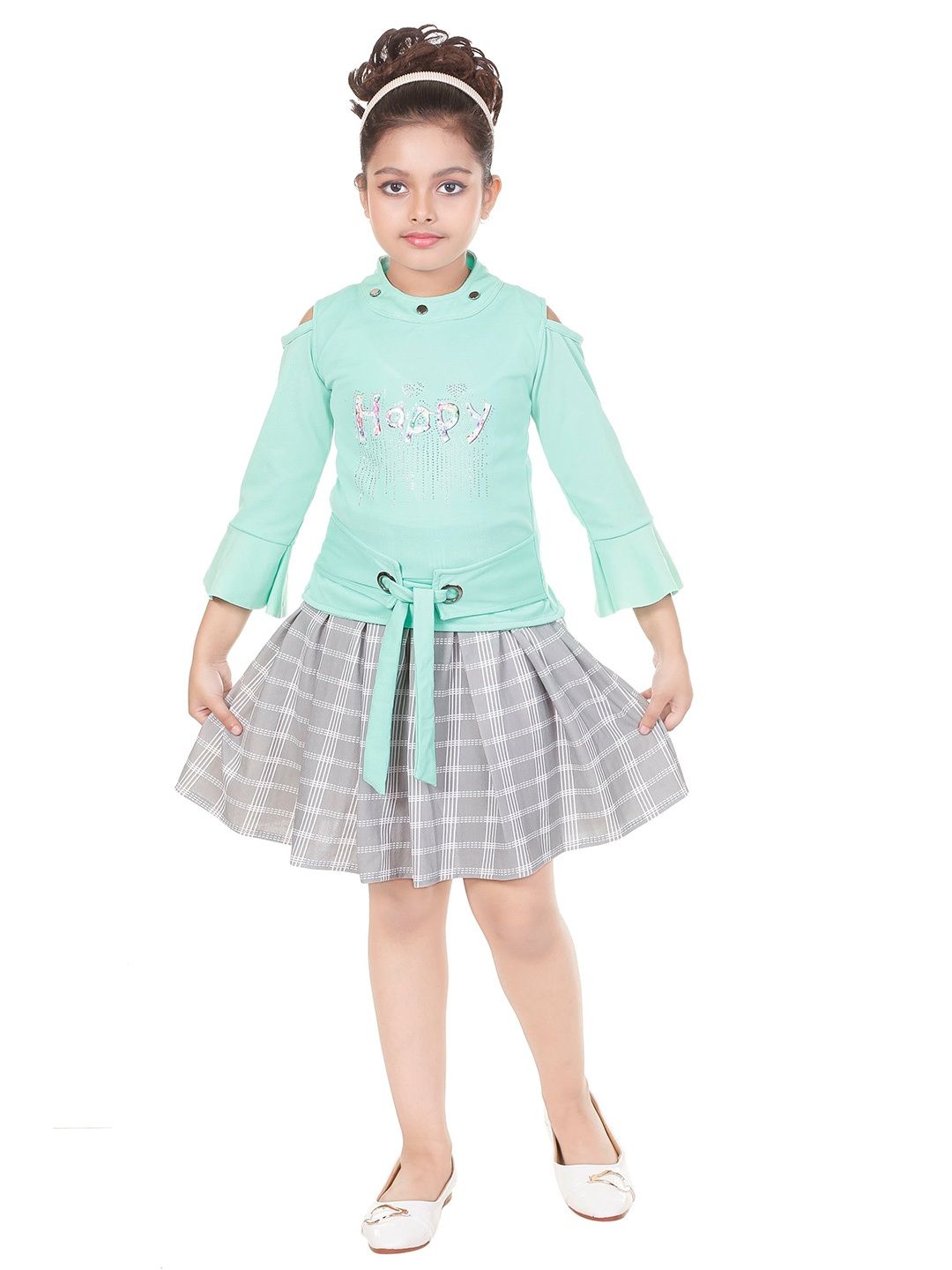 

CELEBRITY CLUB Girls Printed Top With Checked Skirt, Green