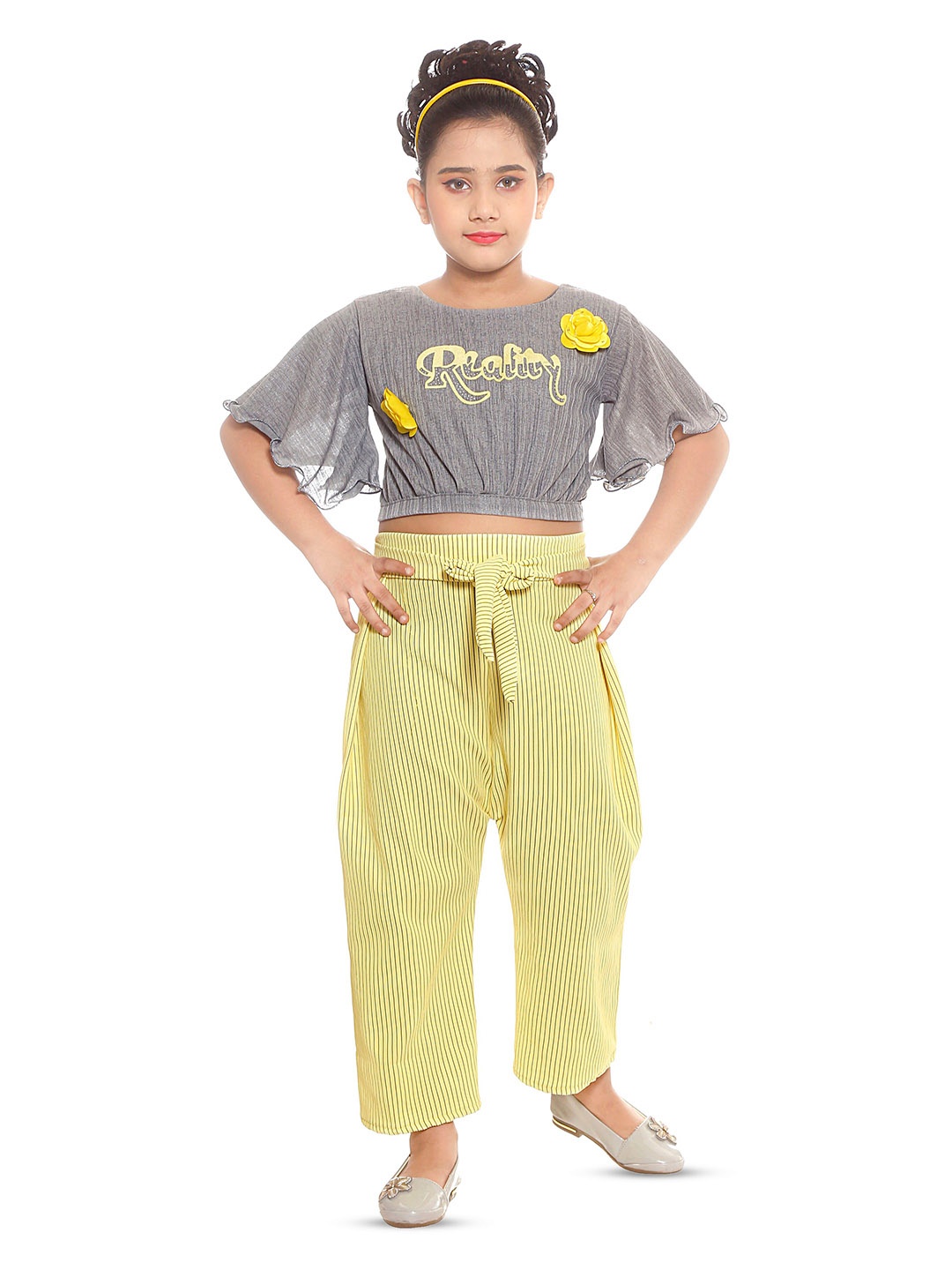 

CELEBRITY CLUB Girls Printed Top With Striped Trousers, Yellow