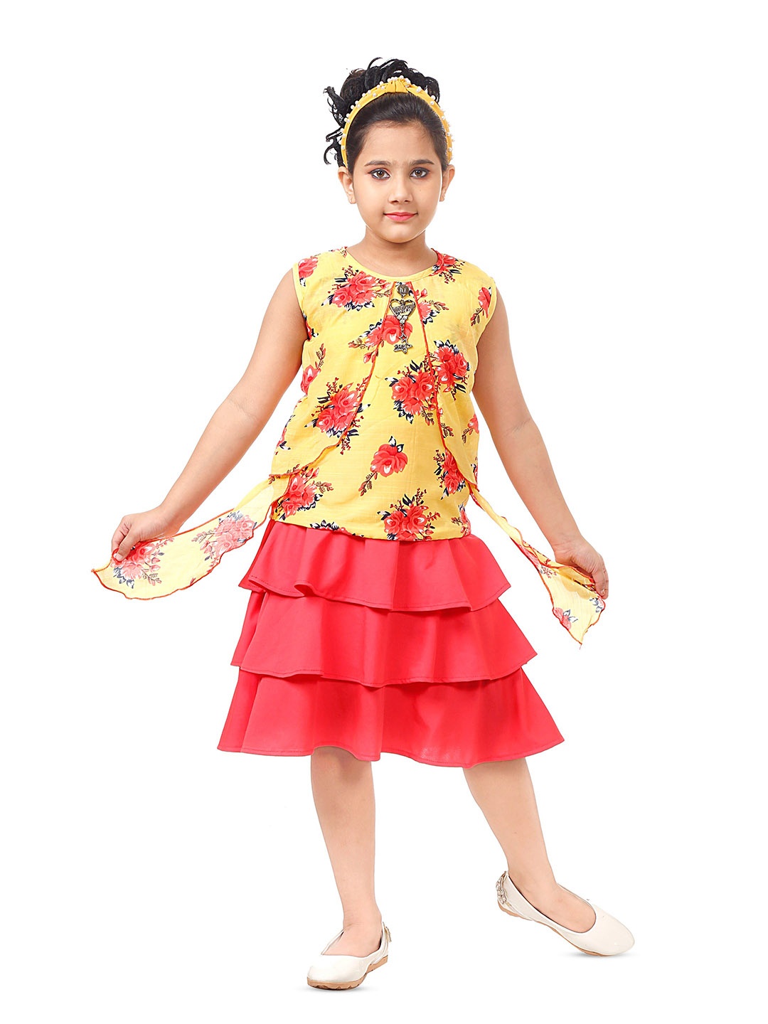 

CELEBRITY CLUB Girls Printed Top with Tiered Skirt, Yellow