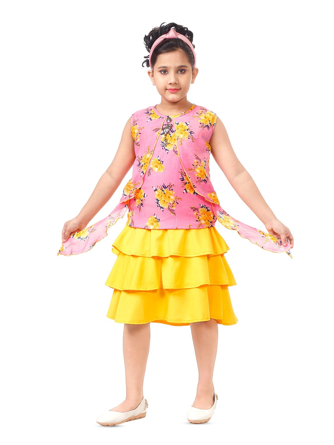 

CELEBRITY CLUB Girls Floral Printed Top With Layered Skirt, Pink
