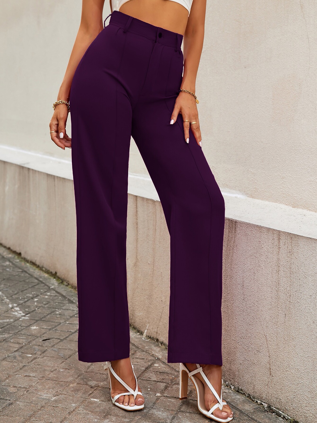 

SHEETAL Associates Women Norma Straight Fit High-Rise Easy Wash Parallel Trousers, Purple