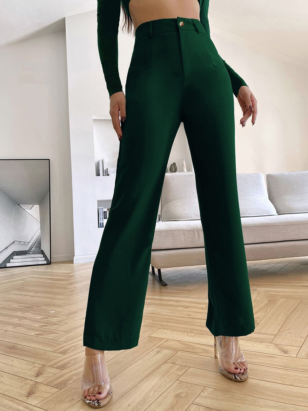 

SHEETAL Associates Women Norma Straight Fit High-Rise Easy Wash Parallel Trousers, Green