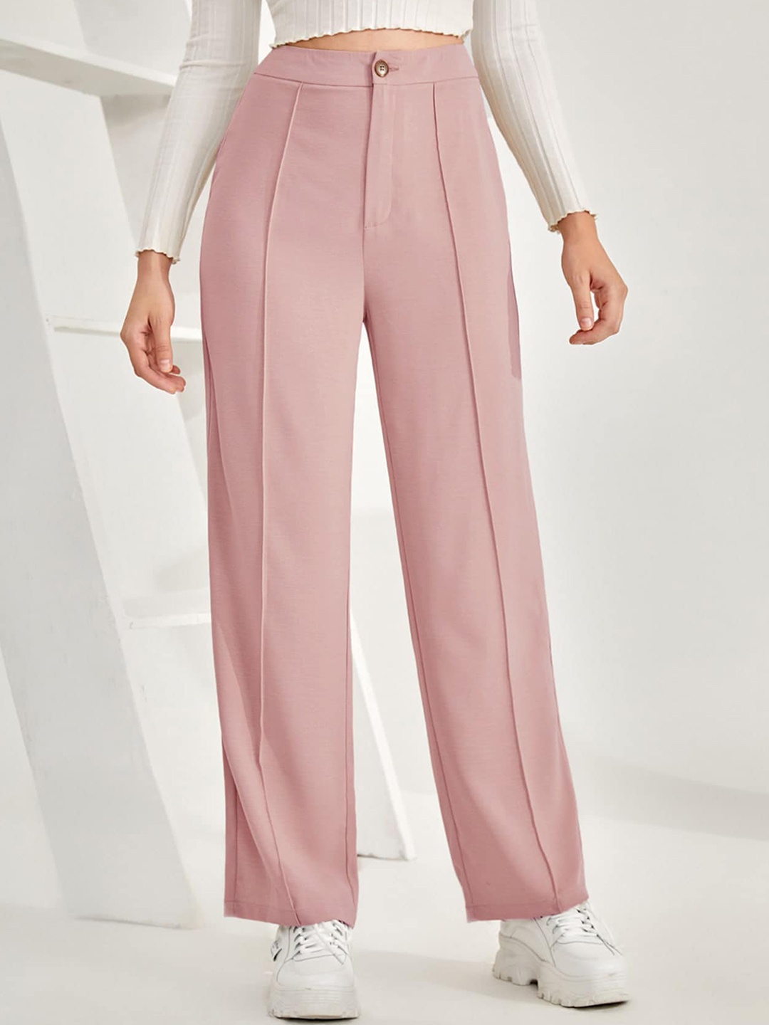 

SHEETAL Associates Women Norma Straight Fit High-Rise Easy Wash Parallel Trousers, Pink