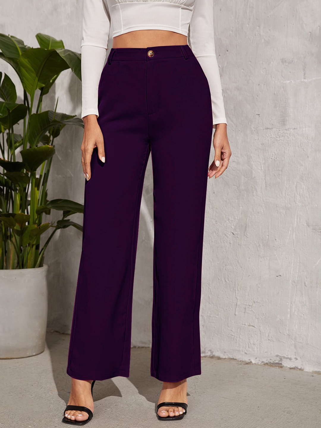 

SHEETAL Associates Women Norma Straight Fit High-Rise Easy Wash Parallel Trousers, Purple