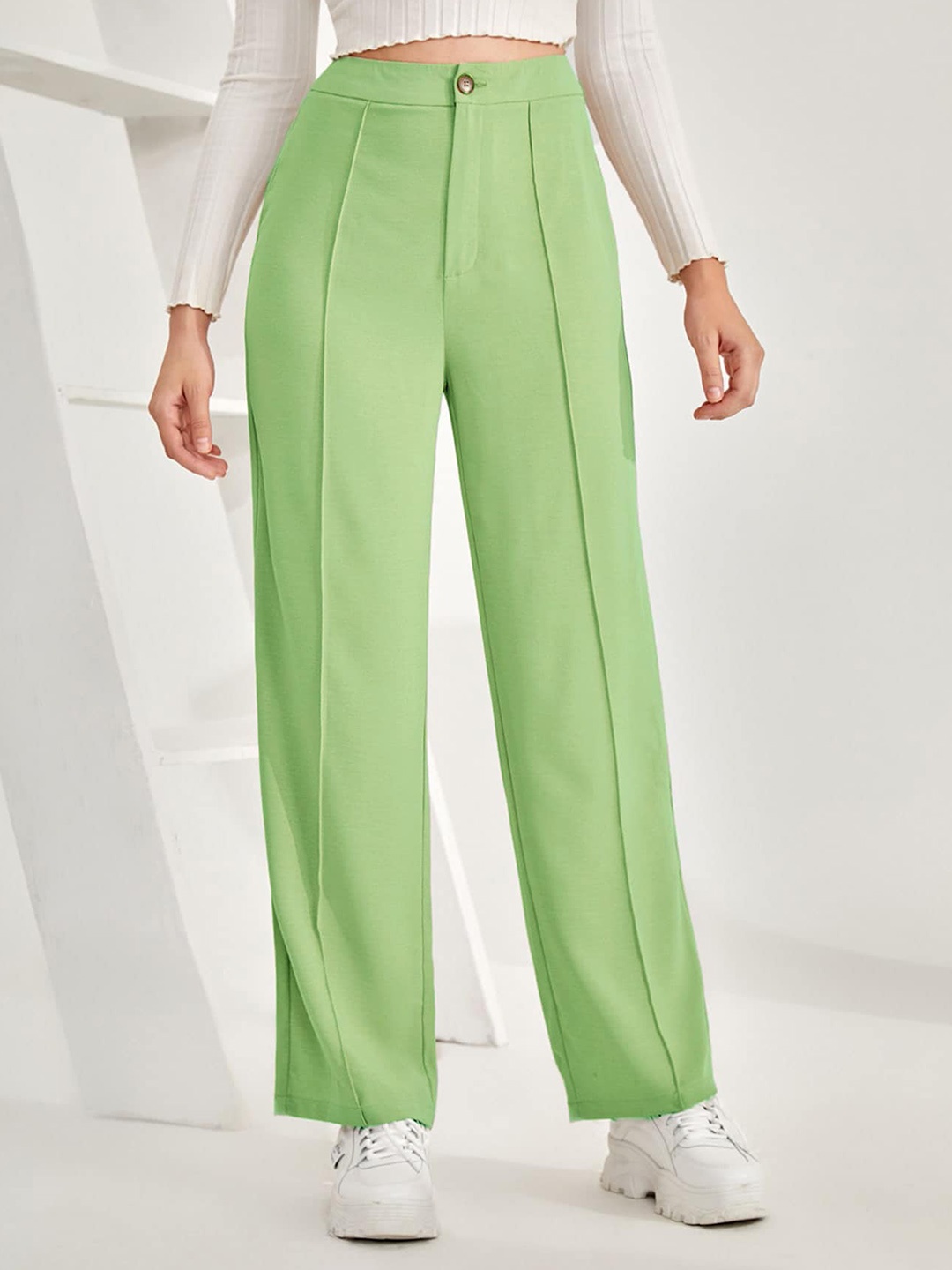 

SHEETAL Associates Women Norma Straight Fit High-Rise Easy Wash Pleated Parallel Trousers, Green