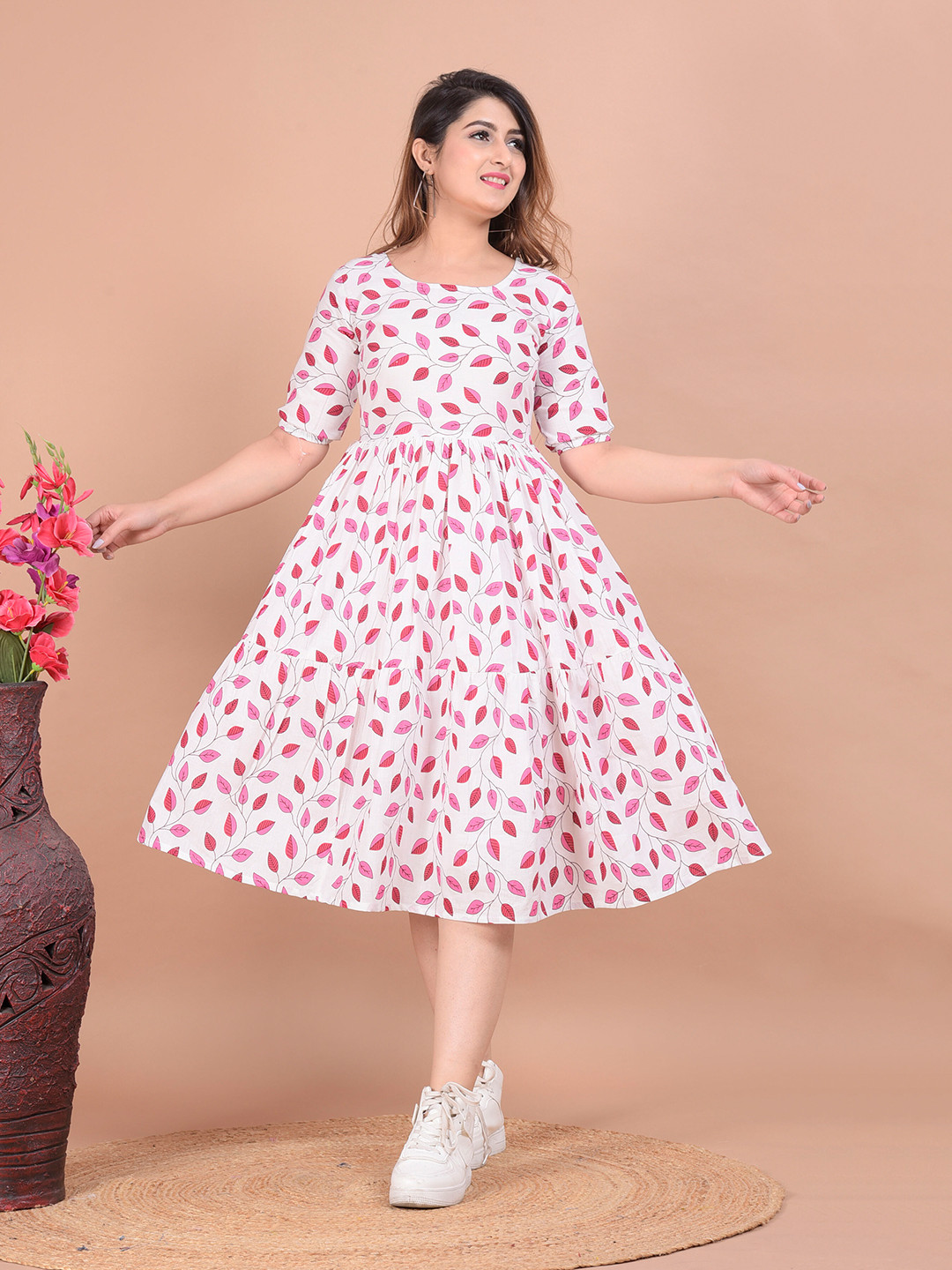

UNIBLISS Conversational Print Cuffed Sleeve Gathered Tiered Cotton Fit & Flare Midi Dress, Pink