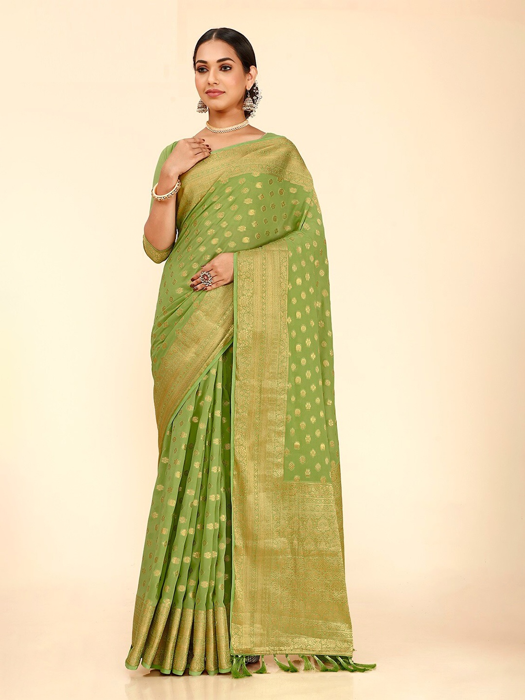 

FLOURIOUS Ethnic Motifs Woven Design Zari Pure Georgette Kanjeevaram Saree, Green