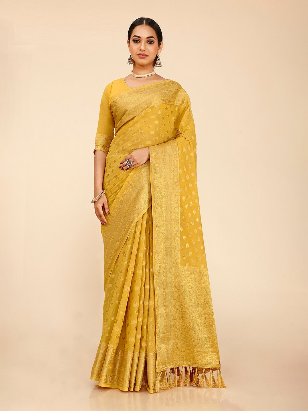 

FLOURIOUS Ethnic Motifs Woven Design Zari Pure Georgette Kanjeevaram Saree, Mustard