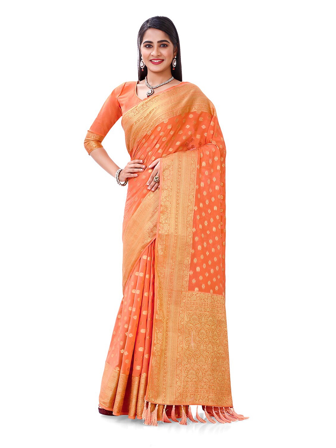 

FLOURIOUS Ethnic Motifs Woven Design Zari Pure Georgette Kanjeevaram Saree, Peach