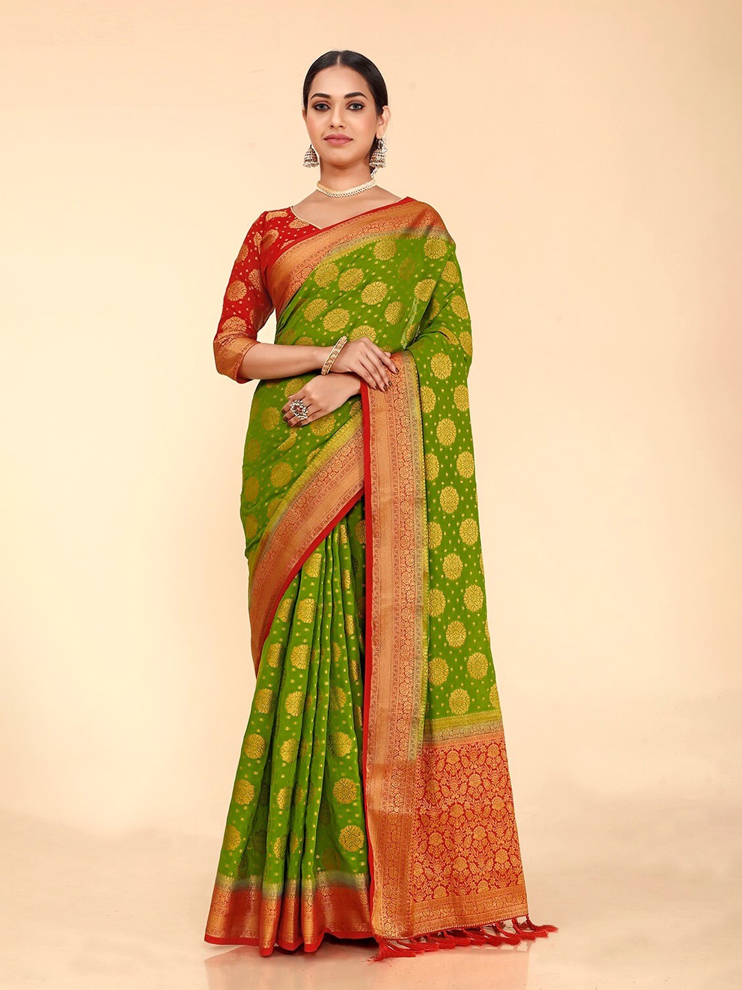 

FLOURIOUS Floral Woven Design Zari Pure Georgette Banarasi Saree, Green