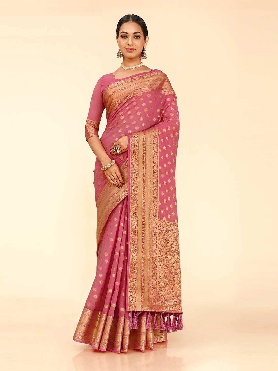 

FLOURIOUS Ethnic Motifs Woven Design Zari Pure Georgette Kanjeevaram Saree, Pink