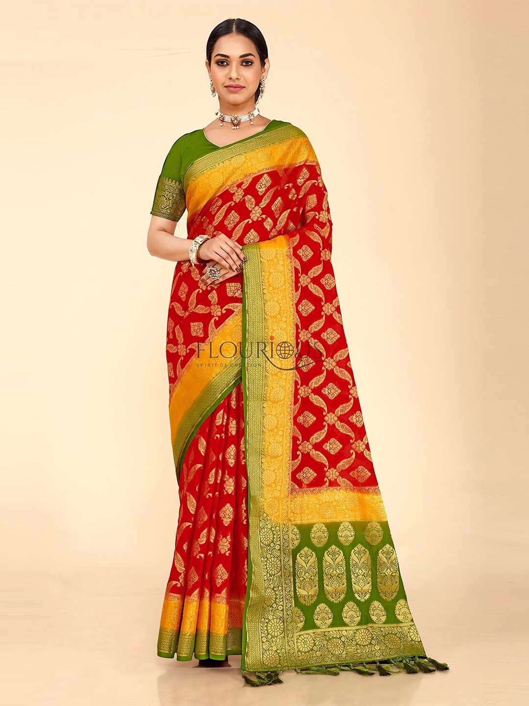 

FLOURIOUS Woven Design Zari Pure Georgette Banarasi Saree, Red