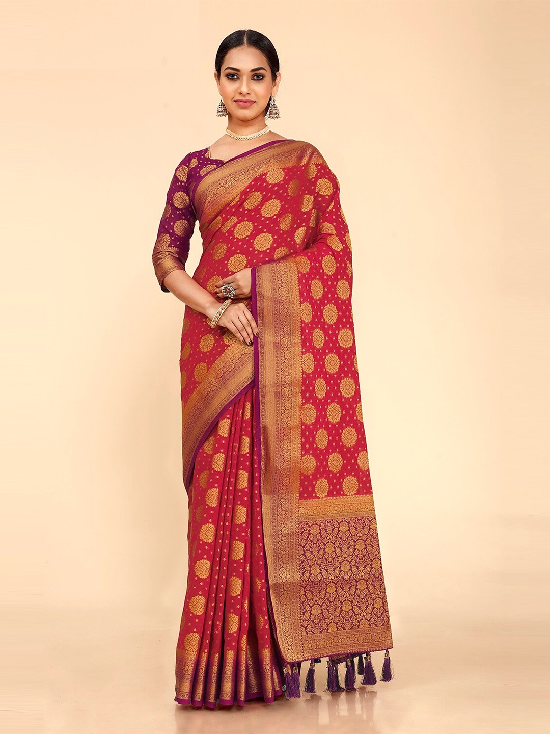 

FLOURIOUS Ethnic Motifs Woven Design Zari Pure Georgette Saree, Red