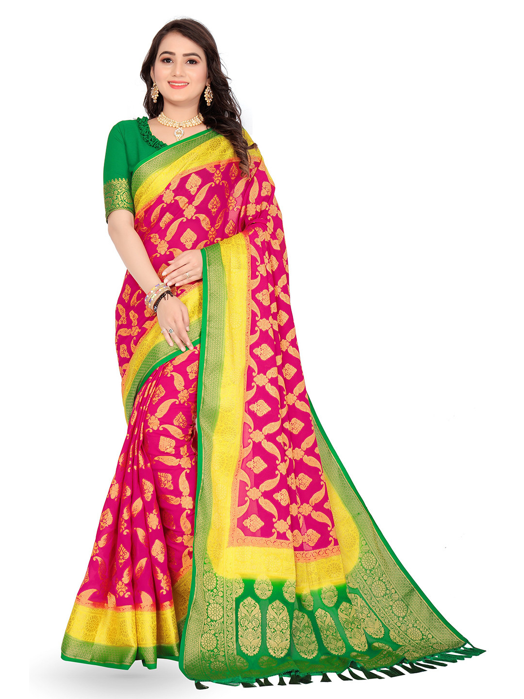 

FLOURIOUS Ethnic Motif Woven Design Zari Pure Georgette Banarasi Saree, Pink