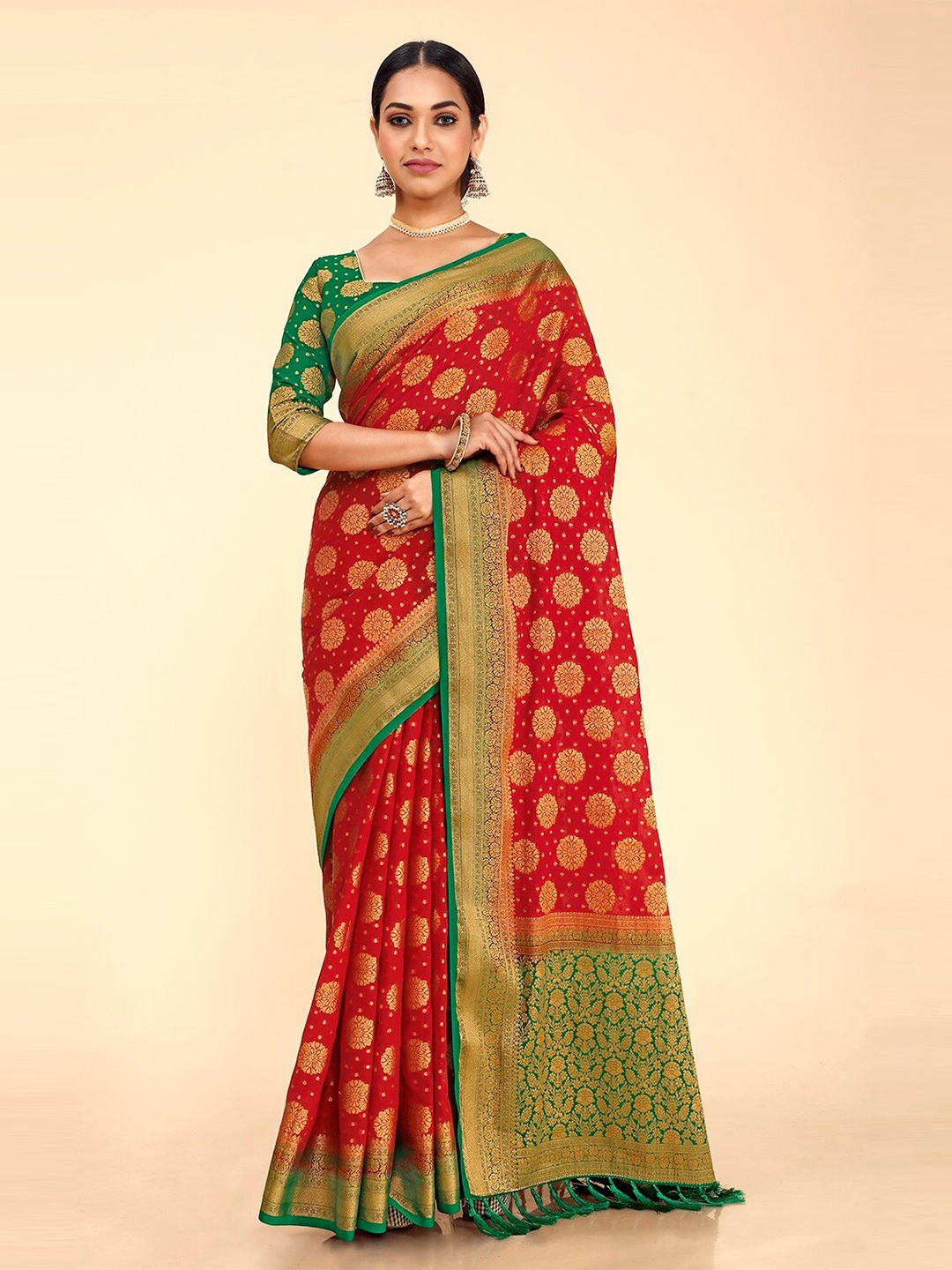 

FLOURIOUS Ethnic Moitf Woven Design Zari Pure Georgette Banarasi Saree, Red