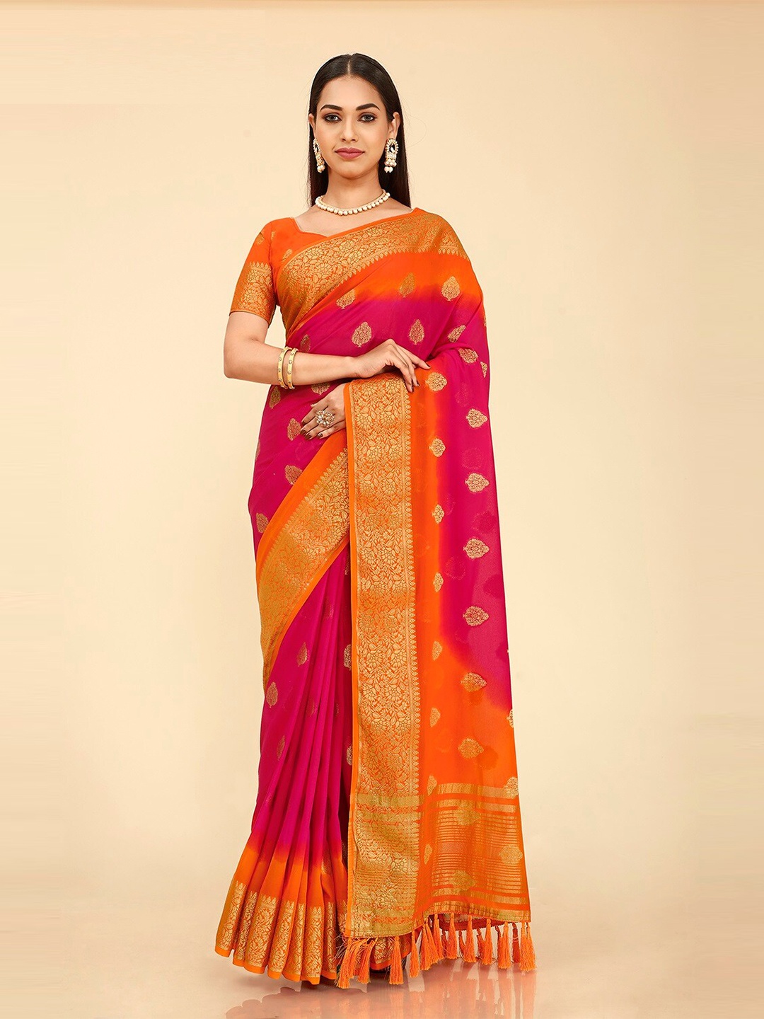 

FLOURIOUS Ethnic Motif Woven Design Zari Pure Georgette Kanjeevaram Saree, Pink