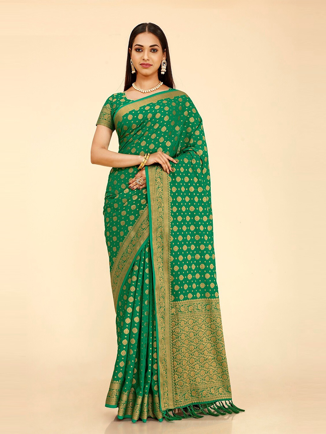 

FLOURIOUS Ethnic Motifs Woven Design Zari Pure Georgette Kanjeevaram Saree, Green