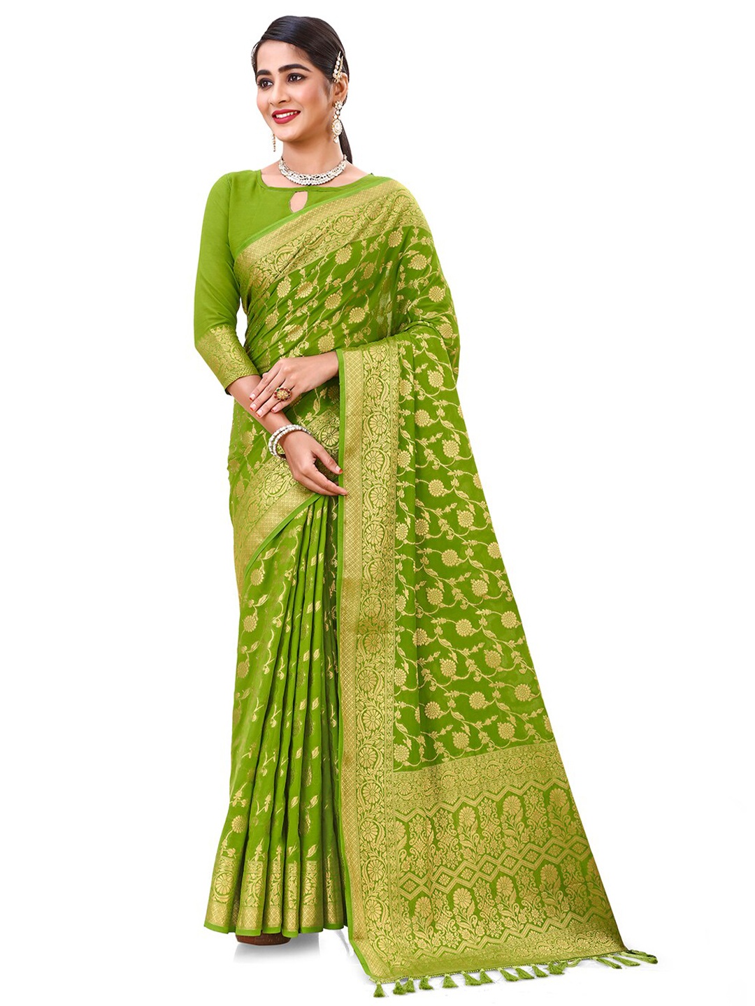 

FLOURIOUS Woven Design Zari Pure Georgette Banarasi Saree, Green