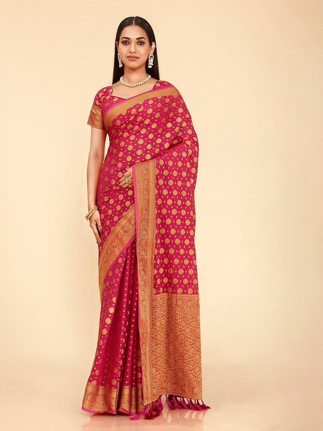 

FLOURIOUS Ethnic Motifs Woven Design Zari Pure Georgette Kanjeevaram Saree, Pink