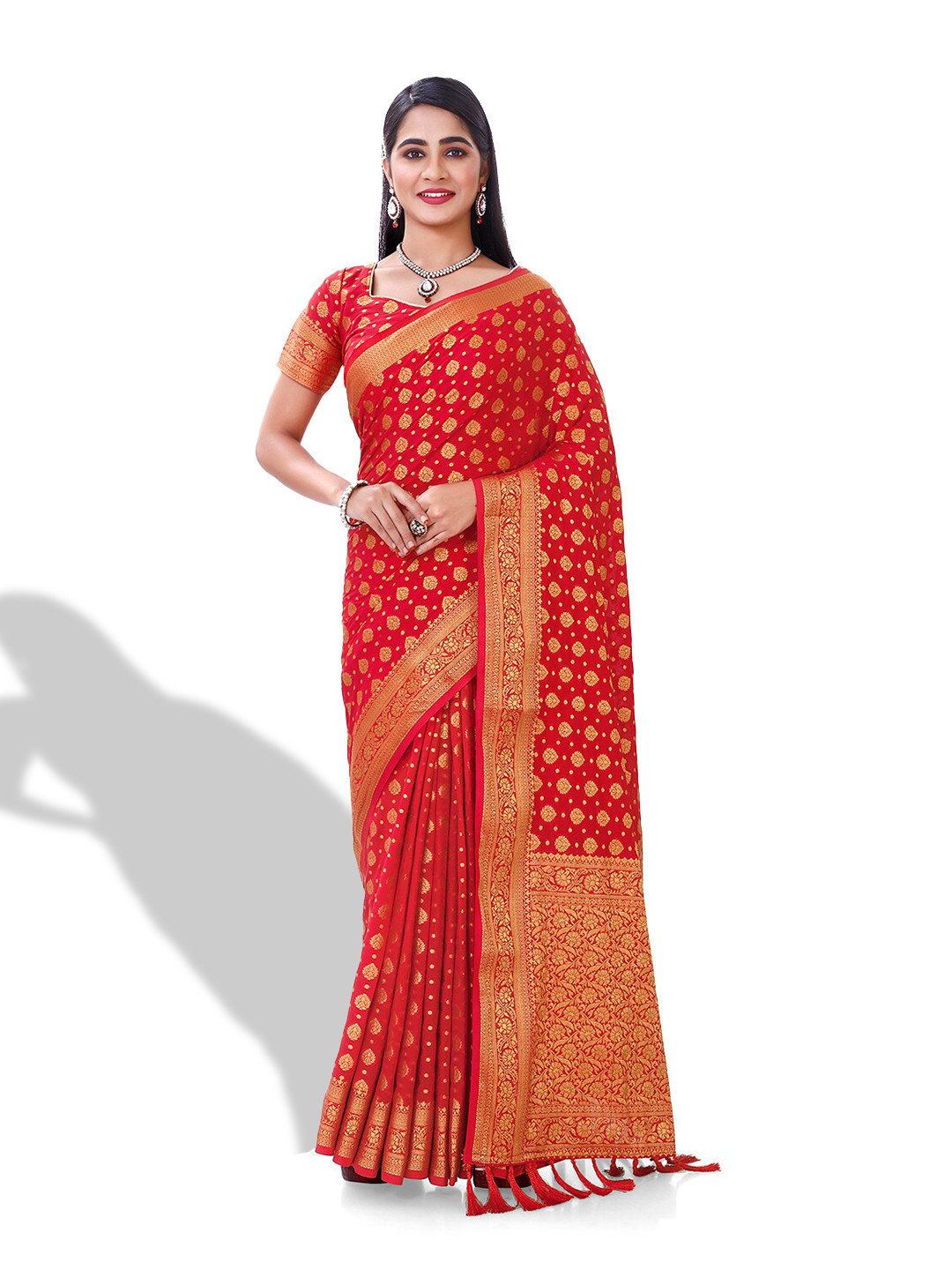 

FLOURIOUS Ethnic Motif Woven Design Zari Pure Georgette Kanjeevaram Saree, Red