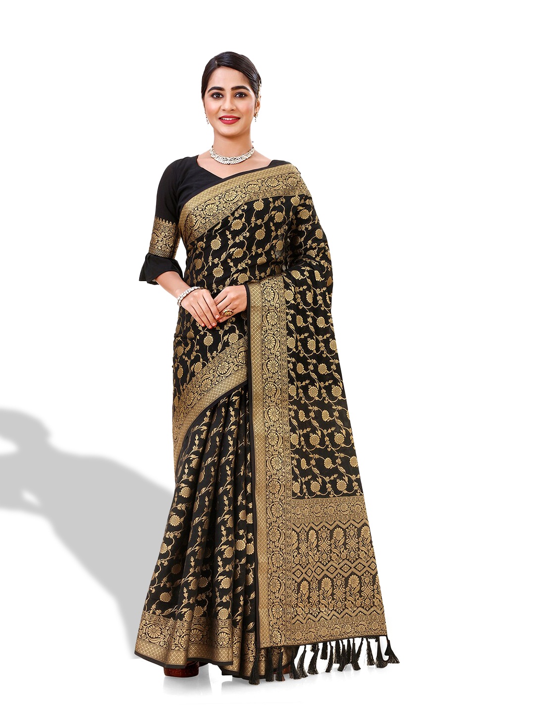 

FLOURIOUS Woven Design Zari Pure Georgette Banarasi Saree, Black