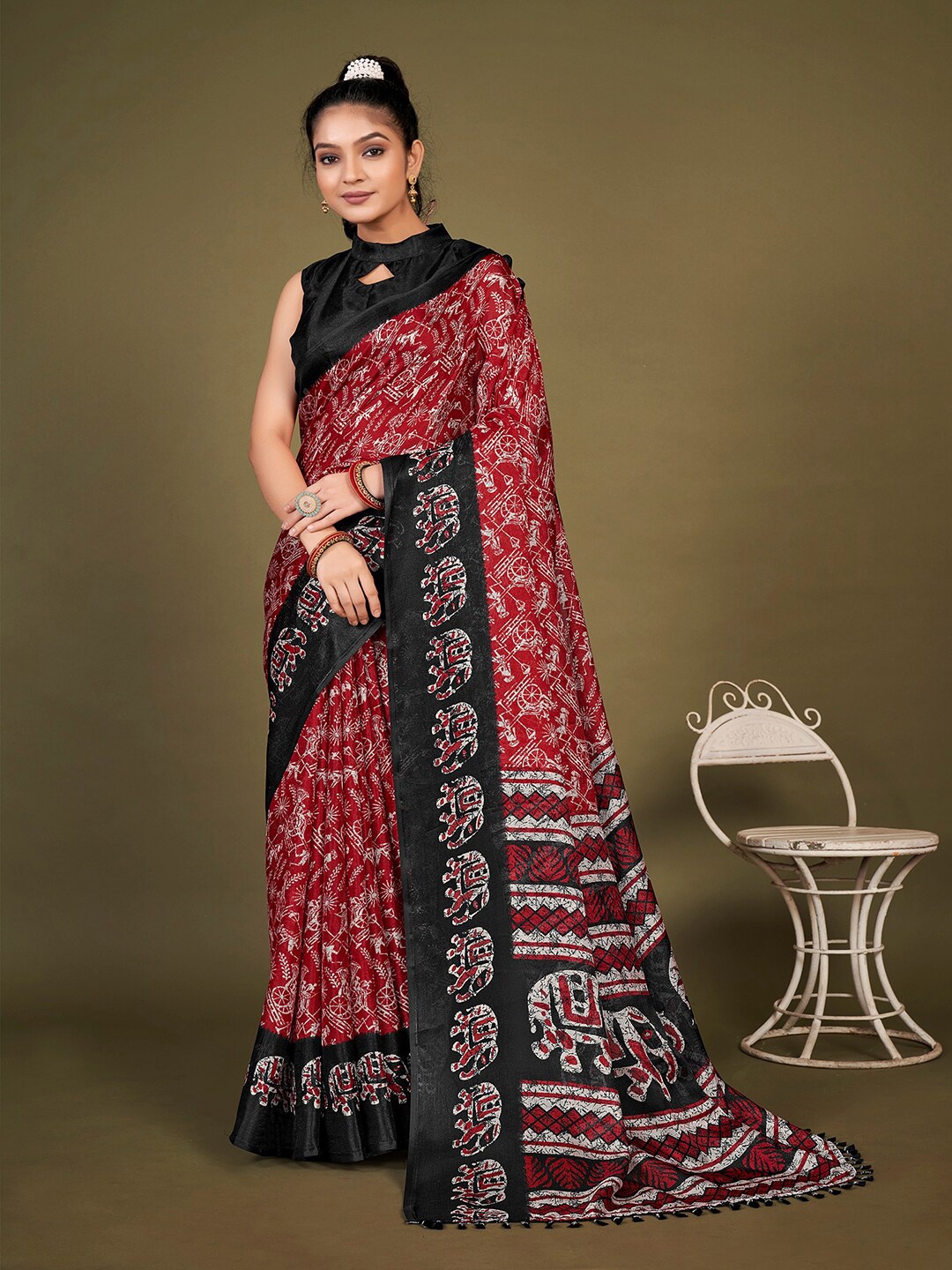 

KALINI Ethnic Motifs Printed Jute Silk Dabu Saree, Red
