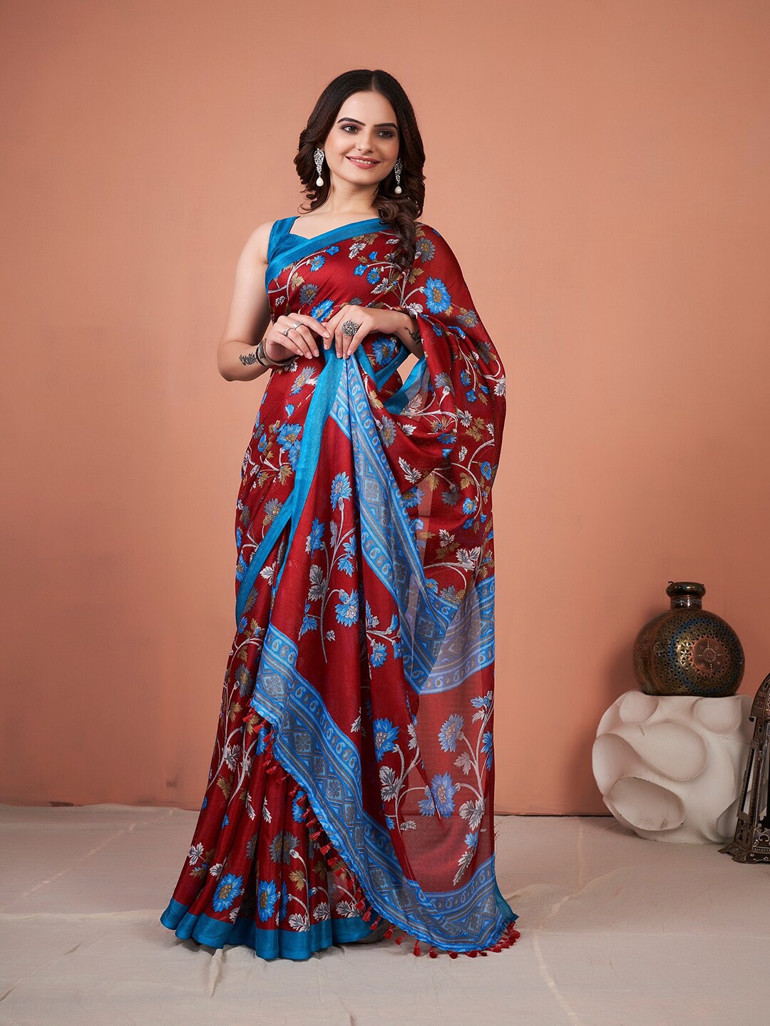 

KALINI Floral Jute Silk Block Print Saree, Red