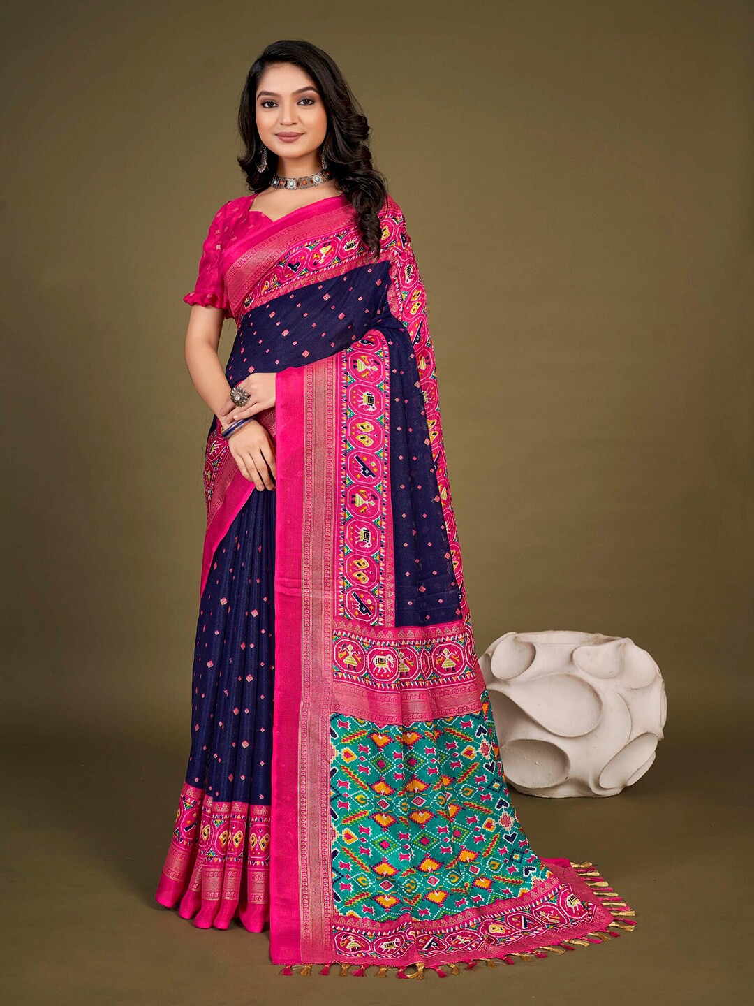 

KALINI Ethnic Motifs Zari Jute Silk Patola Saree, Navy blue