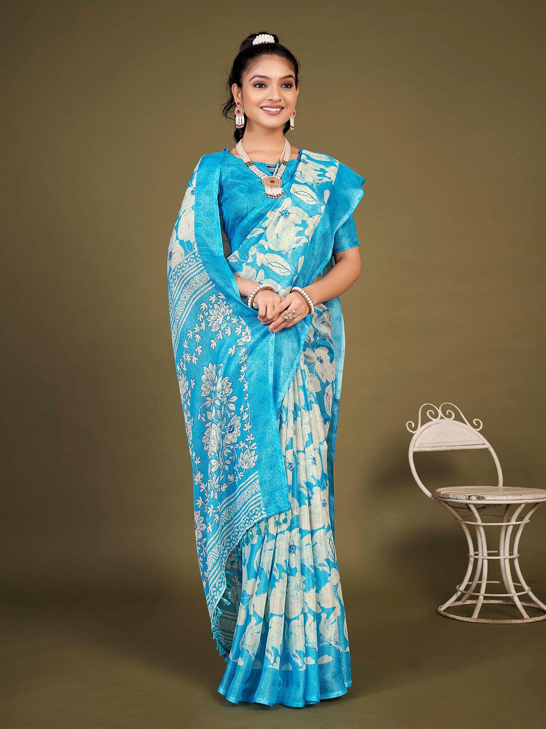 

KALINI Floral Jute Silk Block Print Saree, Blue