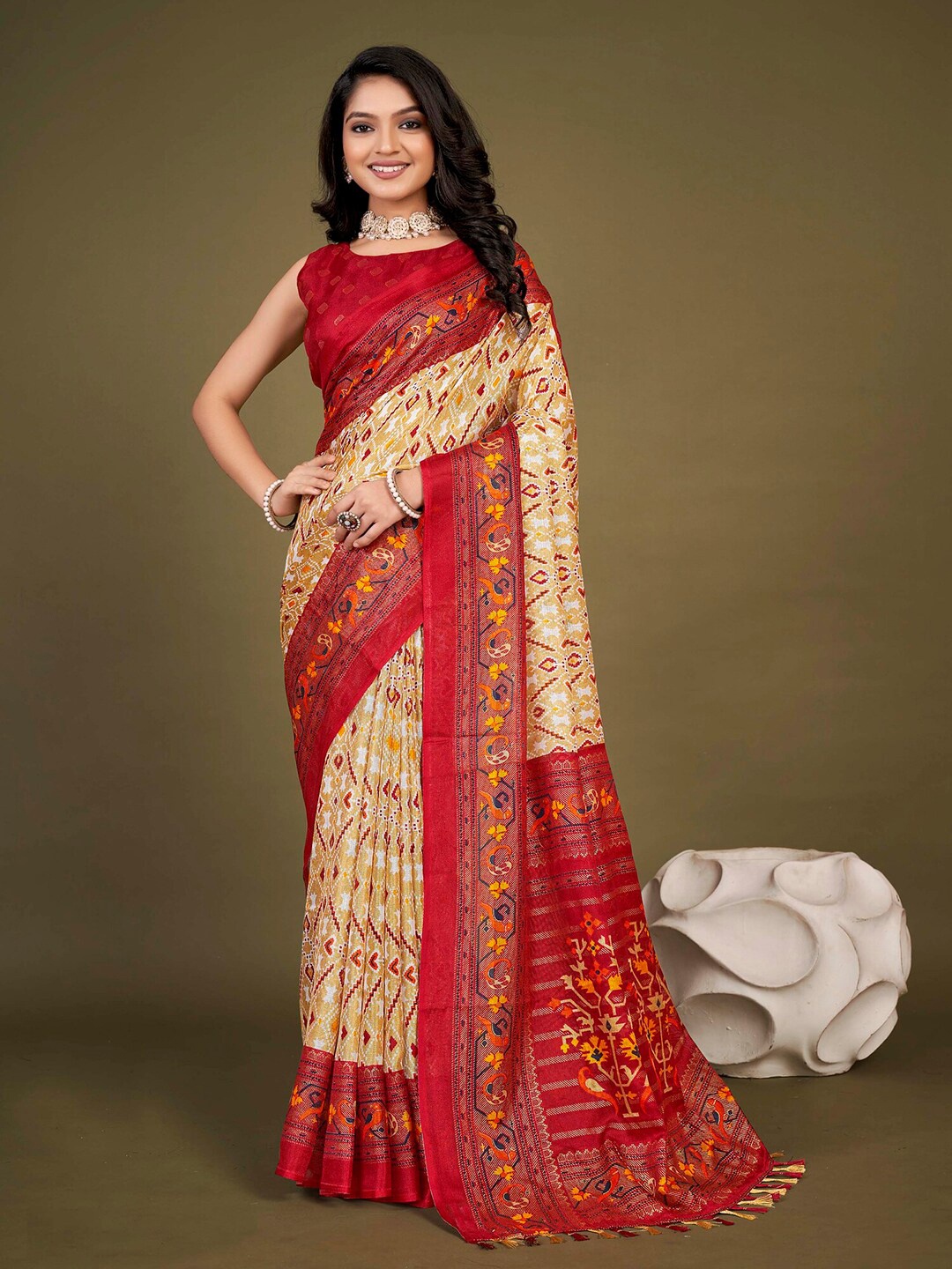 

KALINI Ethnic Motifs Zari Jute Silk Patola Saree, Cream