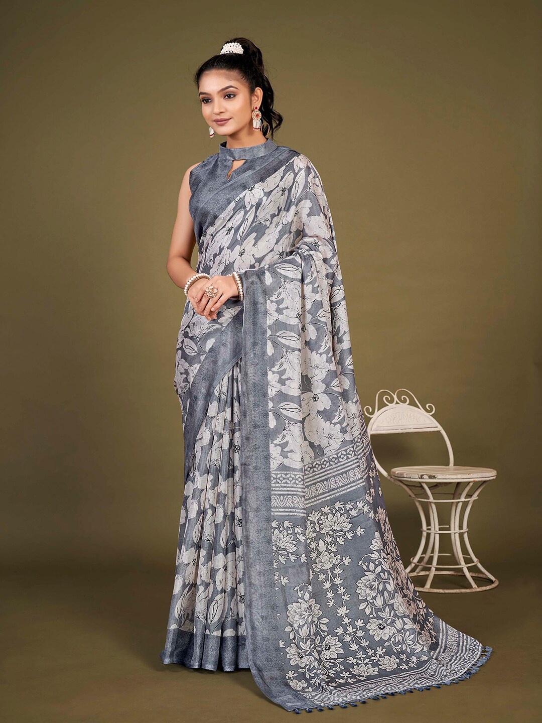 

KALINI Floral Jute Silk Block Print Saree, Grey