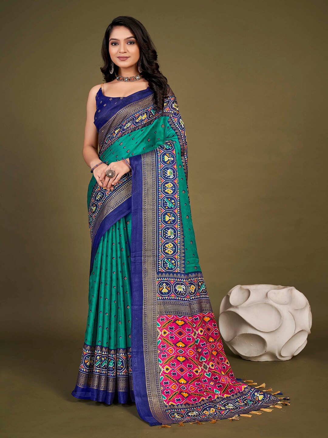 

KALINI Ethnic Motifs Zari Jute Silk Patola Saree, Blue