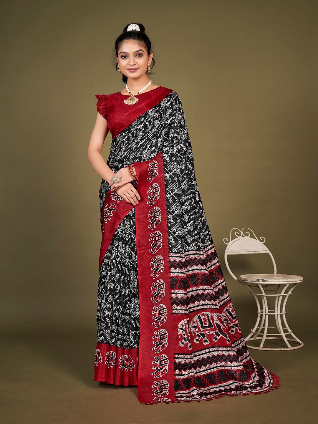 

KALINI Ethnic Motifs Printed Jute Silk Dabu Saree, Black