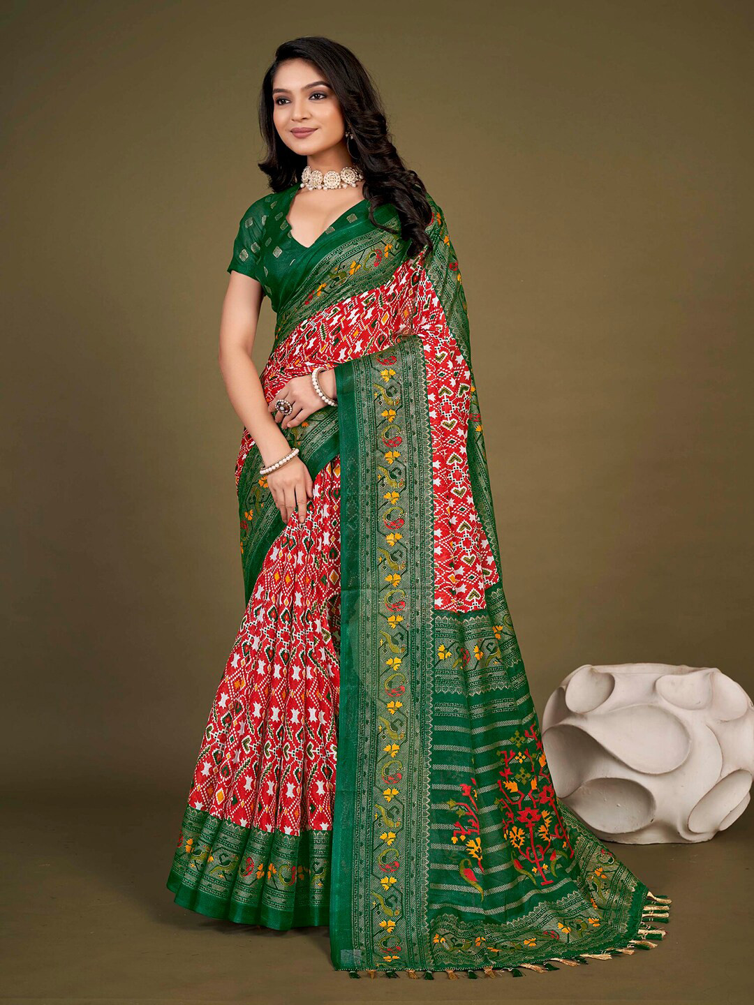 

KALINI Ethnic Motifs Printed Zari Jute Silk Patola Saree, Red