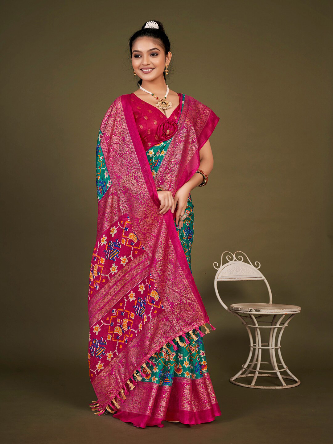 

KALINI Ethnic Motifs Printed Jute Silk Patola Saree, Turquoise blue