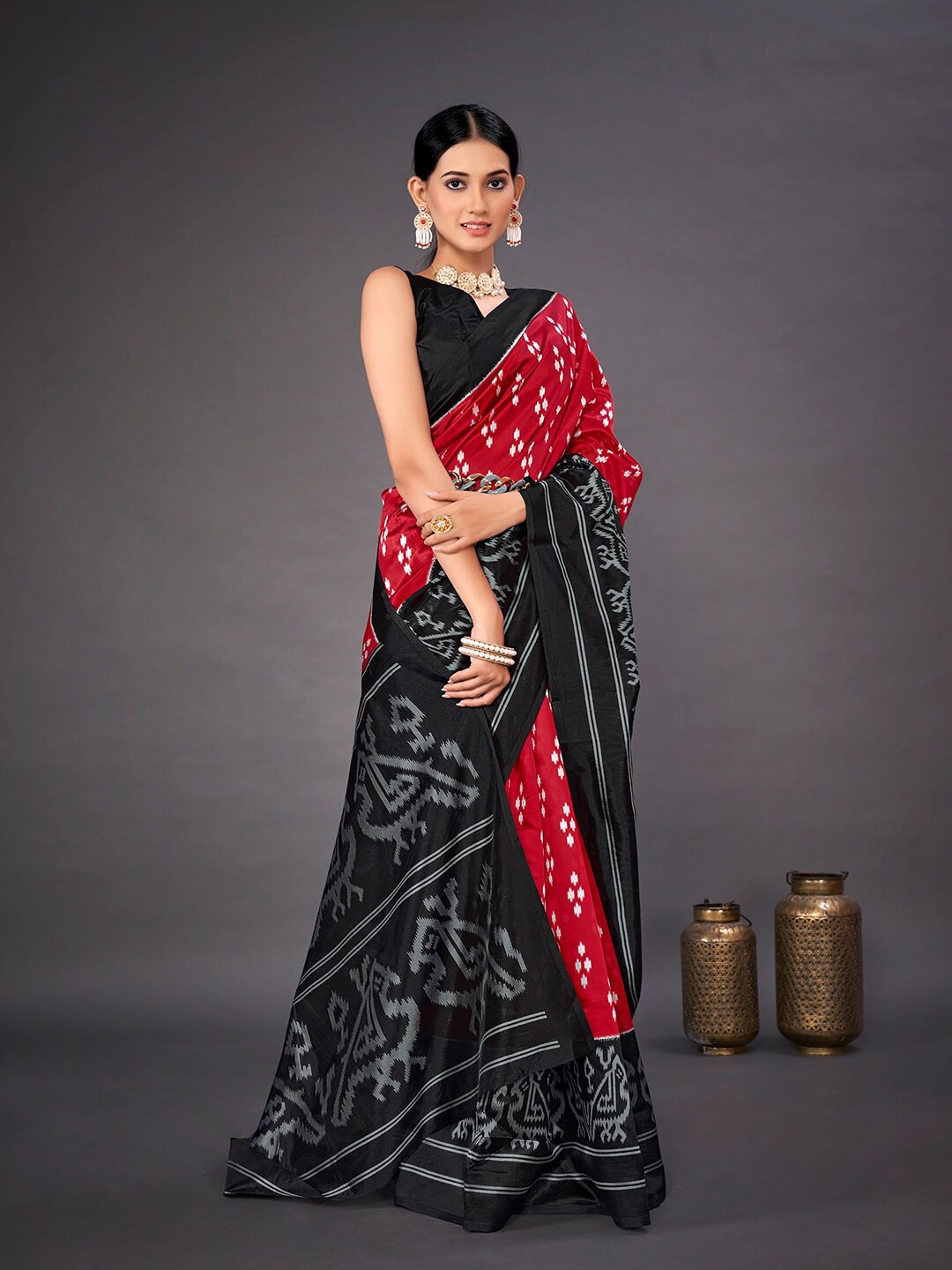 

KALINI Ethnic Motifs Printed Art Silk Ikat Saree, Red